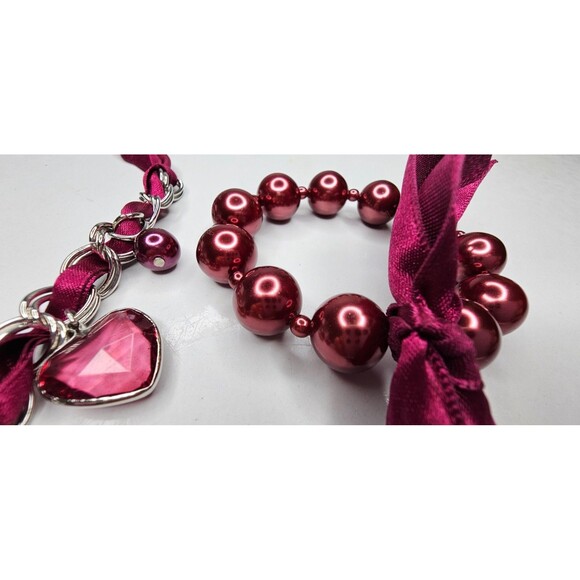 NWT Cranberry Heart Bead, Faux Pearl, Silver Chain Choker Necklace & Bracelet - Picture 7 of 9